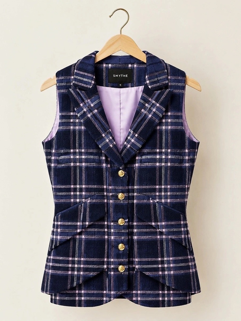 Smythe Duchess Blazer in Navy Plaid Three-Piece Suit Blue & Lavender Size 2/4 - Picture 4 of 11